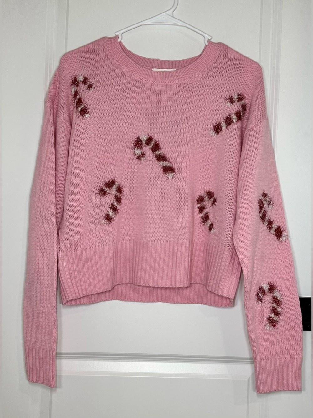 Women's Pink Crewneck Sweater with Candy Cane Motif